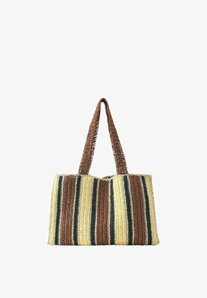 Sac fourre-tout tissé à la main avec des rayures verticales marron, crème et vert foncé, doté de deux longues anses marron.