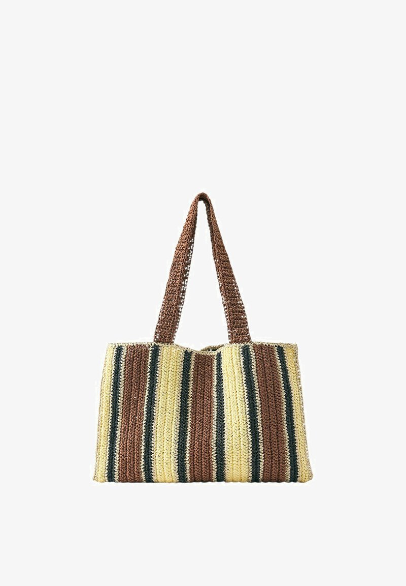 Sac fourre-tout tissé à la main avec des rayures verticales marron, crème et vert foncé, doté de deux longues anses marron.