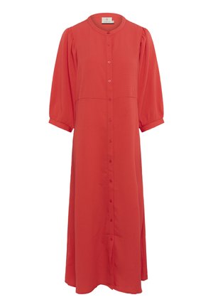 Vestido rojo de longitud midi con cuello redondo, cierre delantero con botones, mangas abullonadas y una tela texturizada. Presenta aberturas laterales para mayor movilidad.