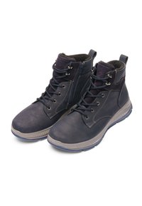 Marineblaue Knöchelstiefel aus Leder mit weichem Innenfutter, ausgestattet mit einer Schnürung vorne und einem seitlichen Reißverschluss, Gummisohlen und Ziernähten.