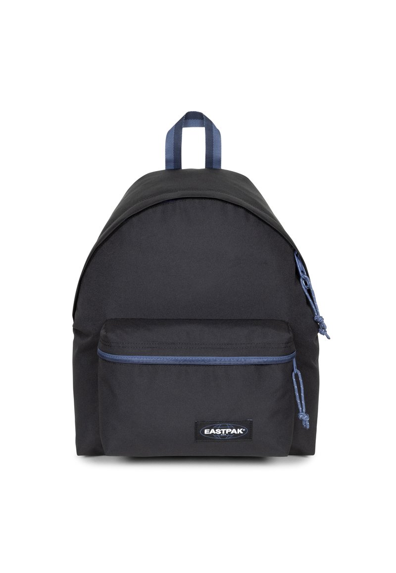 Zaino in tessuto nero con design arrotondato, tasca frontale con zip e dettagli blu. Dotato di spallacci doppi e maniglia superiore per il trasporto.