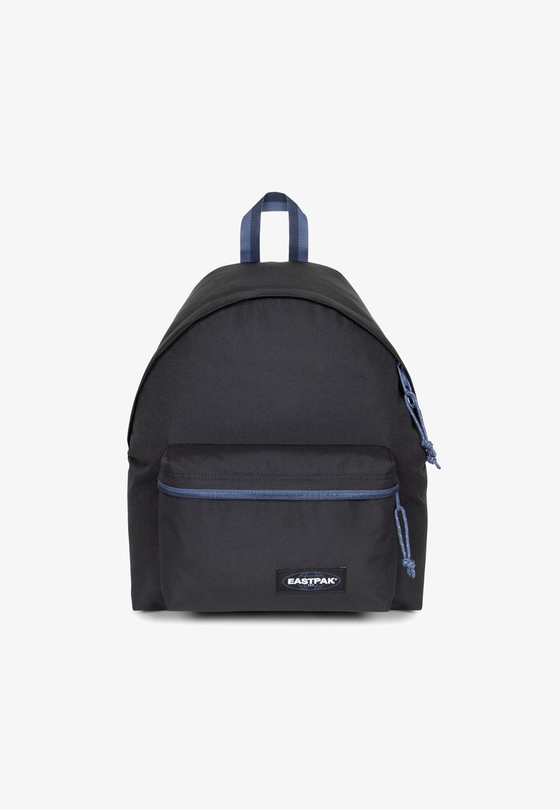 Zaino in tessuto nero con design arrotondato, tasca frontale con zip e dettagli blu. Dotato di spallacci doppi e maniglia superiore per il trasporto.