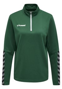 Camiseta deportiva verde de manga larga con cuello alto y cremallera de cuarto. Presenta un tejido texturizado y rayas en zigzag en negro y blanco en las mangas.