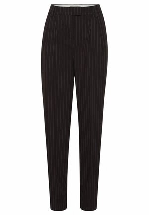 Mustra mustriga pükse, mis on sobiva lõikega, millel on lame eesosa, õmmeldud voldid ja sile tekstuur.