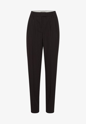 Mustat ohutraidalliset housut, joissa on räätälöity istuvuus, litteä etuosa, ommellut laskokset ja sileä rakenne.