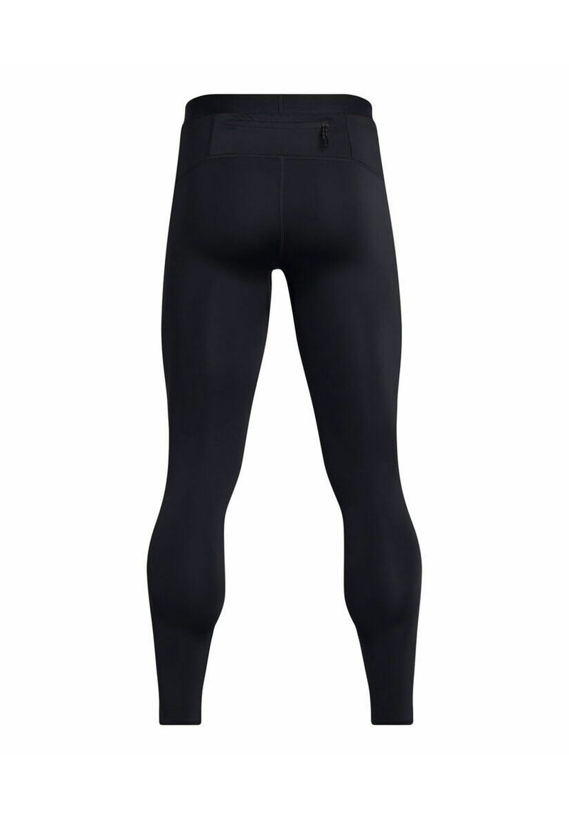 Schwarze, enganliegende Sportleggings von hinten gezeigt, mit hohem Bund und kleiner Reißverschlusstasche an der Taille.