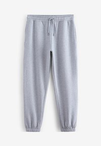 Pantalones de chándal gris claro hechos de una tela suave, con una cinturilla elástica, cordón ajustable y puños ajustados en los tobillos.