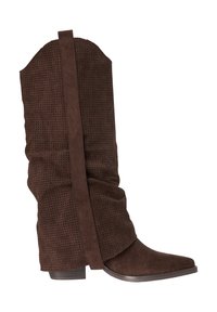 Brauner Wildleder-Stiefel bis zur Mitte der Wade mit perforiertem Obermaterial, lässigem Design, abgerundeter Spitze, niedrigem Blockabsatz und Zuglasche hinten.