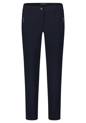 Marineblaue Hosen im Slim-Fit-Schnitt, mit einer Reißverschluss-Tasche, glatter Textur und einem Knopfverschluss am Bund.