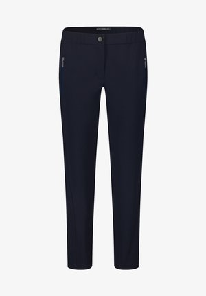 Navy trousers with a slim fit, featuring a zippered pocket, smooth texture, and a button closure at the waistband.