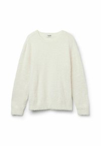 Weißer, flauschiger Pullover mit rundem Halsausschnitt und langen Ärmeln. Weiche Textur, lockere Passform und keine sichtbaren Muster oder Hardware-Details.