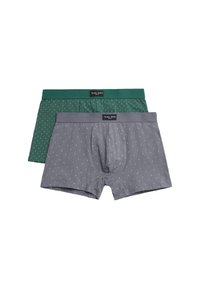 Dos pares de calzoncillos boxer para hombres: uno verde con pequeños lunares blancos y otro gris con un patrón de lunares similar, ambos con cinturillas elásticas.
