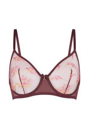 Soutien-gorge bordeaux avec des panneaux en maille transparente ornés de broderies florales roses, avec un support à armatures et des bretelles réglables. Détail de nœud au centre.