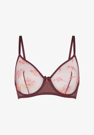 Bordeaux bh met doorzichtige gaasdetails, versierd met roze bloemenborduursel, met onderwire ondersteuning en verstelbare bandjes. Detail met strik in het midden.