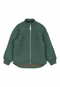 Zelena prešita bomber jakna s sprednjim zadrgo, rebrastim ovratnikom in manšetami ter subtilno zigzag teksturo. Na prsih ima logotip.