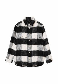 Sort-hvid ternet flannel-skjorte med to brystlommer, knaplukning og en blød, tekstureret finish med fiskebenmønster.