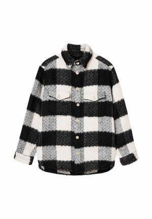 Schwarz-weiß kariertes Flanellhemd mit zwei Brusttaschen, Knopfverschlüssen und einem weichen, strukturierten Finish mit Fischgrätenmuster.