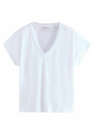 T-shirt blanc à manches courtes et col en V, coupe ample, avec un design simple et épuré sur fond uni.