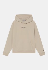 Felpa beige con tasca a marsupio, cappuccio regolabile con lacci e logo nero "Calvin Klein Jeans" sul petto. Tessuto morbido e liscio.