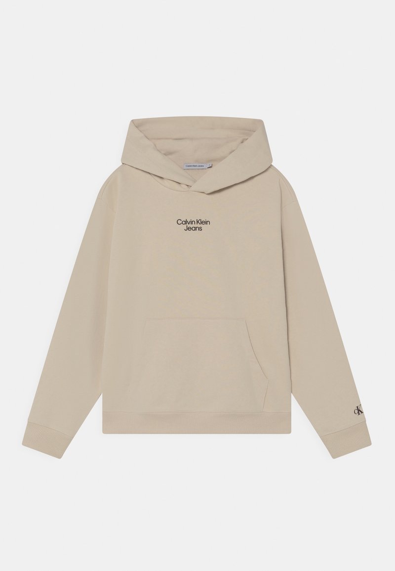 Felpa beige con tasca a marsupio, cappuccio regolabile con lacci e logo nero "Calvin Klein Jeans" sul petto. Tessuto morbido e liscio.