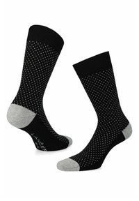 Czarne skarpetki z białym wzorem w kropki, szare akcenty na palcach i pięcie, wykonane z gładkiego, elastycznego materiału.