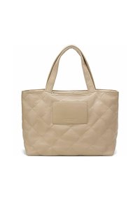 Borsa tote beige trapuntata realizzata in pelle, con due manici e una patch rettangolare con testo del marchio in rilievo sulla parte frontale.