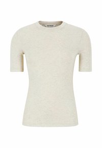 Gai beige krāsu T-krekls ar īsām piedurknēm, izgatavots no mīksta auduma, ar apaļu apkakli un gludu, nedaudz teksturētu virsmu.