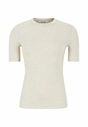 Tricou scurt cu mâneci, de culoare bej deschis, fabricat dintr-un material moale, cu guler rotund și un finisaj neted, ușor texturat.