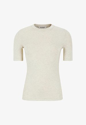 Gai beige krāsu T-krekls ar īsām piedurknēm, izgatavots no mīksta auduma, ar apaļu apkakli un gludu, nedaudz teksturētu virsmu.