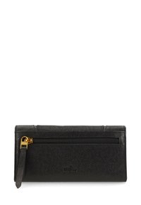 Black leather wallet with a textured finish, featuring a zippered compartment, gold hardware, and a secure wrist strap.