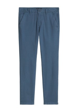 Herren blaue Freizeithose mit Gürtelschlaufen und vorderen Seitentaschen, Knopfverschluss und geradem Bein.