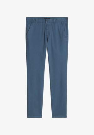 Blauwe casual herenbroek met riemlussen en voorzakken aan de zijkant, knoopsluiting en rechte pijpen.