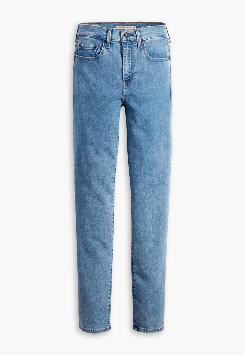 Jean bleu clair taille haute à coupe droite, avec fermeture devant par bouton et zip, poches avant et arrière, et passants de ceinture.