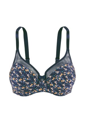 Soutien-gorge floral navy avec coques moulées, partie supérieure en mesh transparent, bretelles réglables, et détail de nœud central. Petits motifs de fleurs orange et bleues.