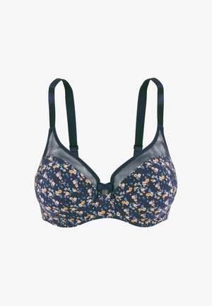 Marine bloemenbh met voorgevormde cups, doorzichtige bovenkant van mesh, verstelbare banden en een strikdetail in het midden. Kleine oranje en blauwe bloemenpatronen.