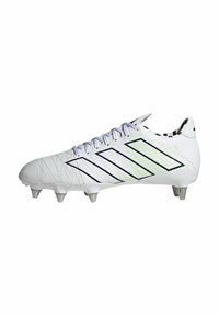 Botines de fútbol blancos con acentos multicolores, presentan una parte superior texturizada, cinco tachuelas metálicas y un diseño con cordones. Detalles en negro y verde neón.