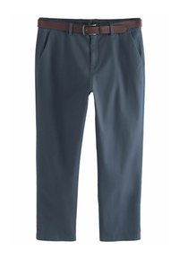 Dunkelgraue Herren-Chinos mit glatter Textur, ausgestattet mit einem braunen Ledergürtel und Seitentaschen. Schlanker Schnitt mit geraden Beinen und klaren Linien.