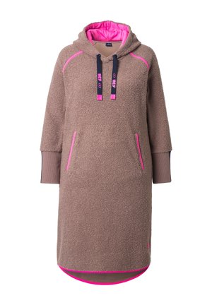 Brown fleece hoodie dress with pink inner lining and accents. Features long sleeves, side pockets, and black drawstrings. Smooth texture.