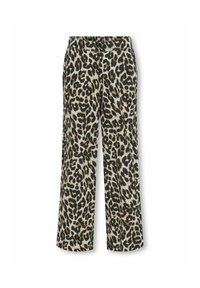 Hlače širokih nogavica s dizajnom leopard printa, u crnoj, smeđoj i krem boji, izrađene od glatkog materijala s elastičnom stražnjom gumicom.