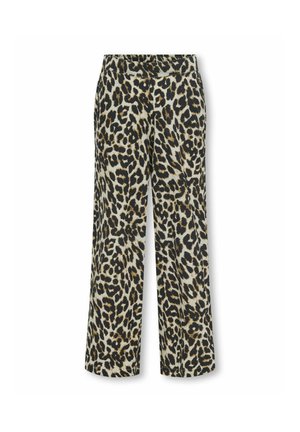 Pantalons à jambes larges avec un motif léopard, présentant des couleurs noir, marron et crème, fabriqués dans un tissu lisse avec une taille élastique.