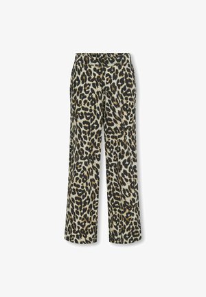 Hlače širokih nogavica s dizajnom leopard printa, u crnoj, smeđoj i krem boji, izrađene od glatkog materijala s elastičnom stražnjom gumicom.