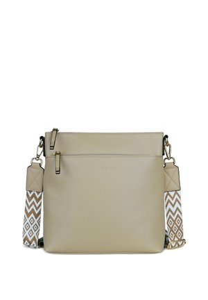 Beige rectangular crossbody bag with front zipper pocket and detachable white strap featuring brown geometric diamond patterns.
