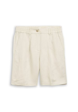 Beige knielange Shorts mit elastischem Bund, Knopfverschluss, Gürtelschlaufen und Seitentaschen, flach liegend auf weißem Hintergrund.