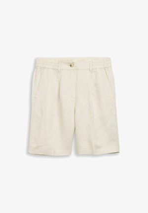 Beige knielange Shorts mit elastischem Bund, Knopfverschluss, Gürtelschlaufen und Seitentaschen, flach liegend auf weißem Hintergrund.