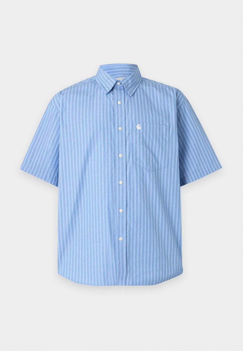 Light blue short-sleeve button-up shirt with thin vertical stripes and a chest pocket on a plain background.