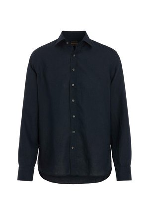 Herre skjorte med lange ærmer i mørk navyblå, knapper foran med krave og rundet kant på hvid baggrund.