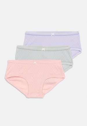 Set aus drei Mädchenslips aus Baumwolle in Pink, Grau und Lavendel, jeweils mit kleinen dekorativen Schleifen und einem dezenten Lochmuster.