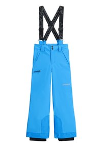 Pantaloni da sci blu con bretelle nere regolabili, due tasche anteriori, tasca laterale con cerniera, fondo rinforzato e dettagli con logo.