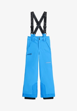 Blauwe skibroek met verstelbare zwarte bretels, twee voorzakken, een met rits afgesloten zijzak, versterkte onderkanten en logodetails.