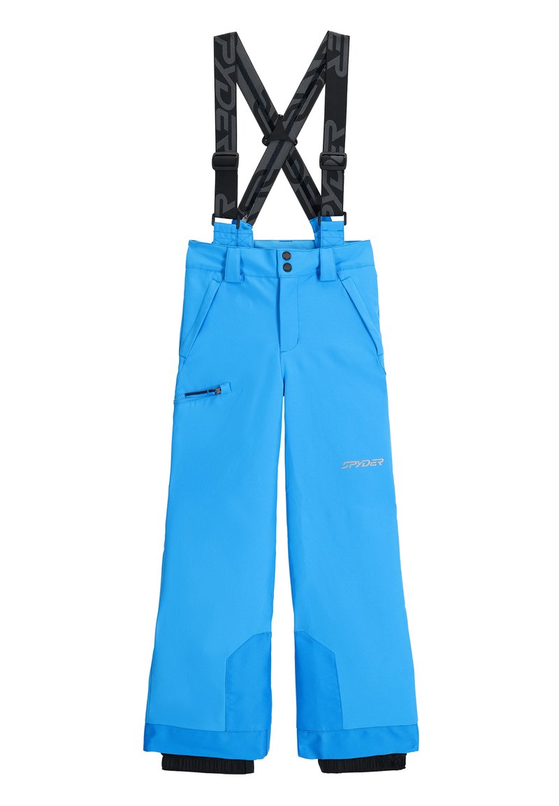 Pantaloni da sci blu con bretelle nere regolabili, due tasche anteriori, tasca laterale con cerniera, fondo rinforzato e dettagli con logo.